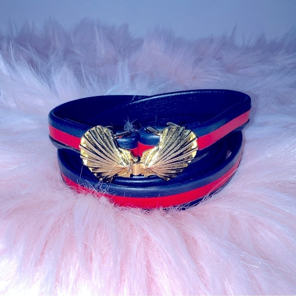 VINTAGE 70’s Brass Shell Navy Red Skinny Belt 33” Women’s